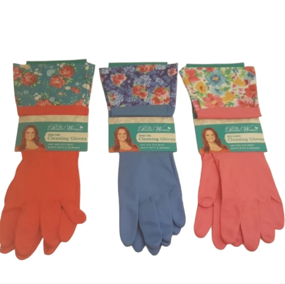 THE PIONEER WOMAN Heavy Duty Latex Cleaning Gloves | 3 Pack | Red / Blue / Pink - Picture 1 of 11